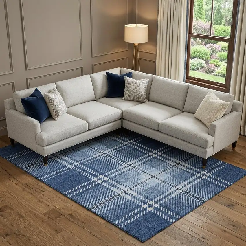 Navy Blue And Ivory Plaid Washable Area Rug With UV Protection Photo 1