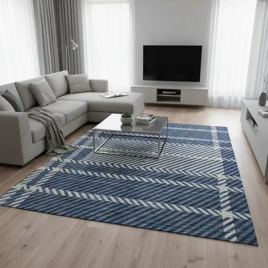 Navy Blue And Ivory Plaid Washable Area Rug With UV Protection Photo 2