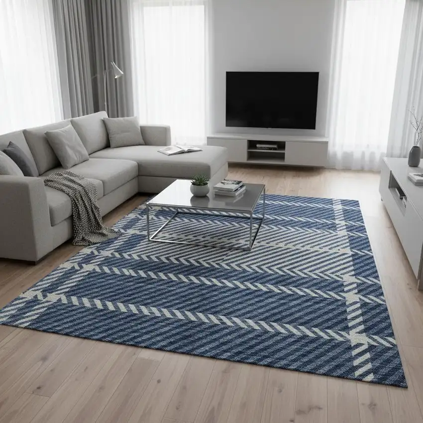 Navy Blue And Ivory Plaid Washable Area Rug With UV Protection Photo 2