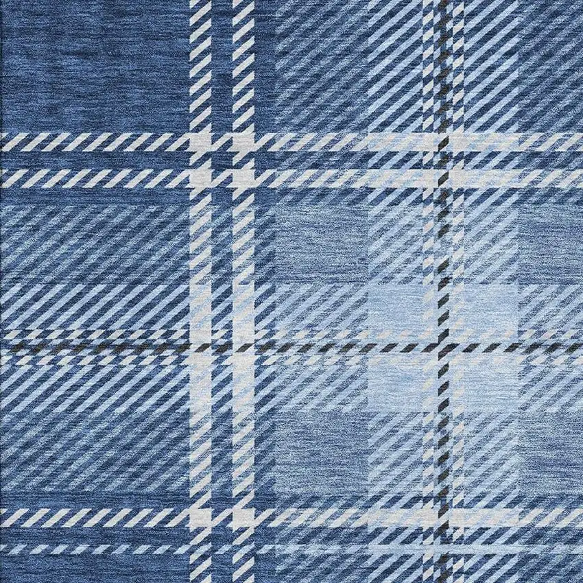 Navy Blue And Ivory Plaid Washable Area Rug With UV Protection Photo 3
