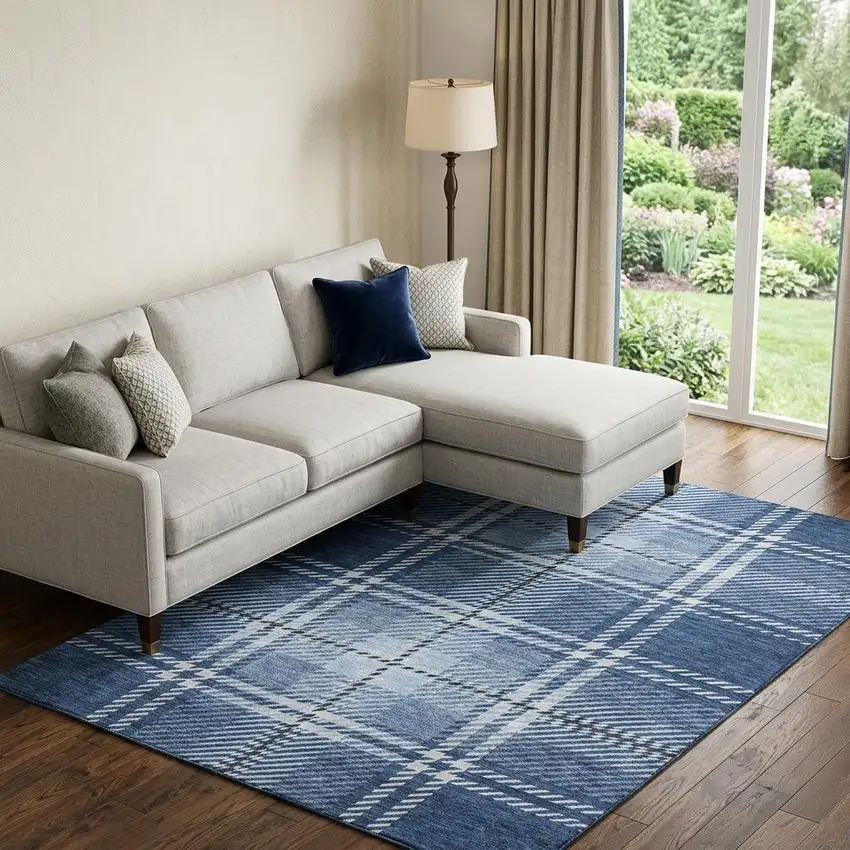 Navy Blue And Ivory Plaid Washable Area Rug With UV Protection Photo 1