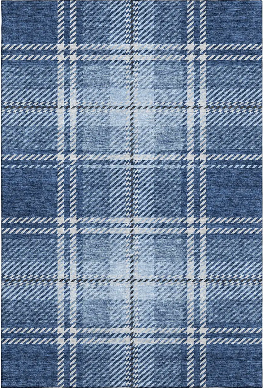 Navy Blue And Ivory Plaid Washable Area Rug With UV Protection Photo 5