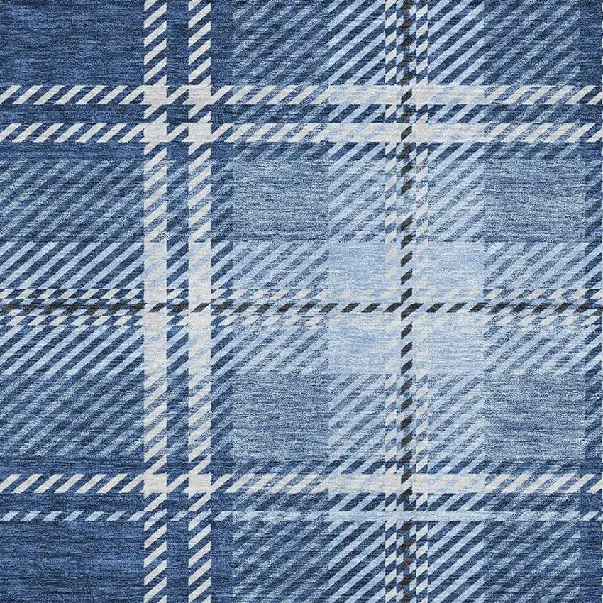 Navy Blue And Ivory Plaid Washable Area Rug With UV Protection Photo 3