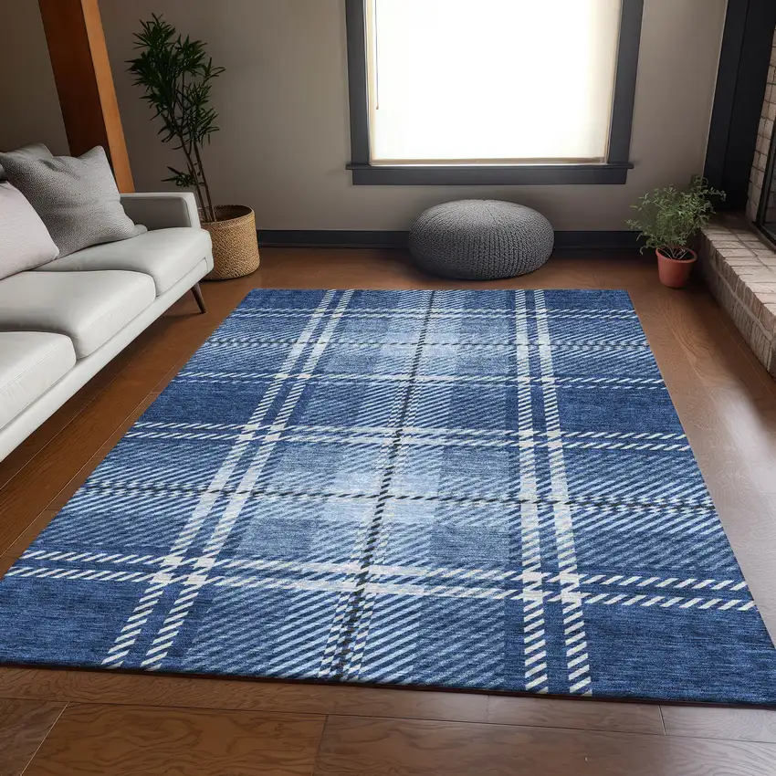 Navy Blue And Ivory Plaid Washable Area Rug With UV Protection Photo 4