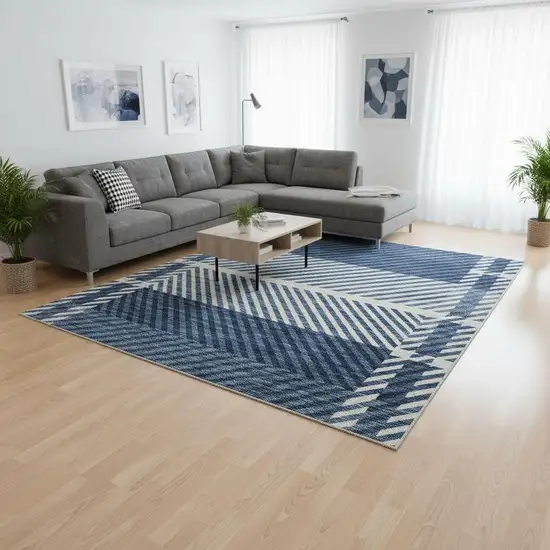 Navy Blue And Ivory Plaid Washable Area Rug With UV Protection Photo 2