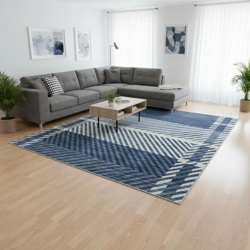 Navy Blue And Ivory Plaid Washable Area Rug With UV Protection Photo 2