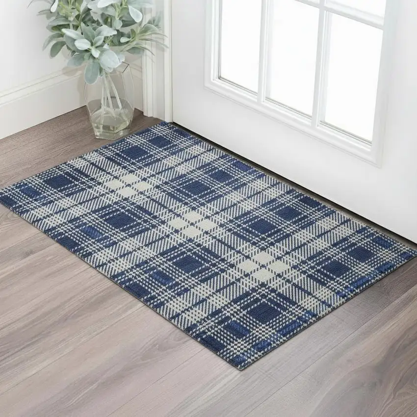 Navy Blue And Ivory Plaid Washable Area Rug With UV Protection Photo 2