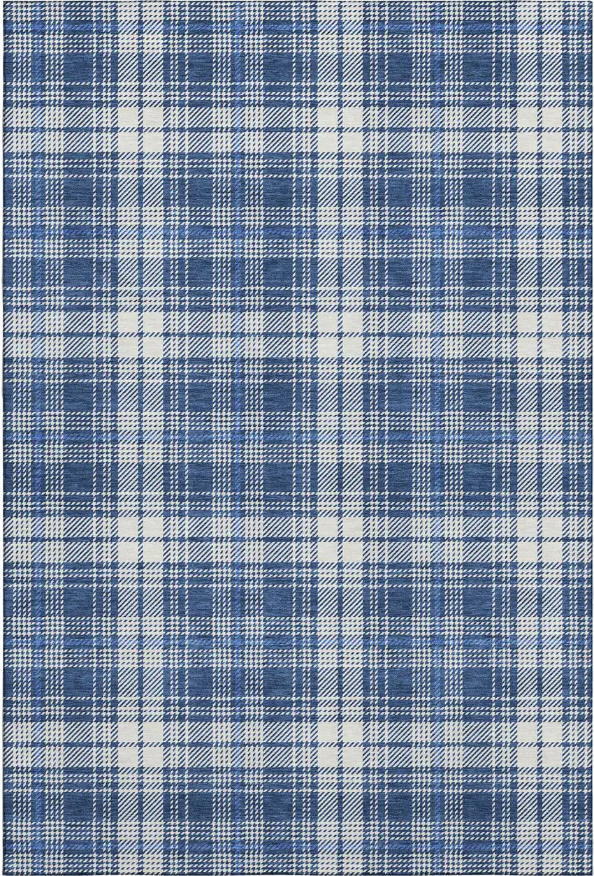 Navy Blue And Ivory Plaid Washable Area Rug With UV Protection Photo 5