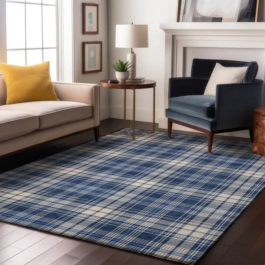 Navy Blue And Ivory Plaid Washable Area Rug With UV Protection Photo 3