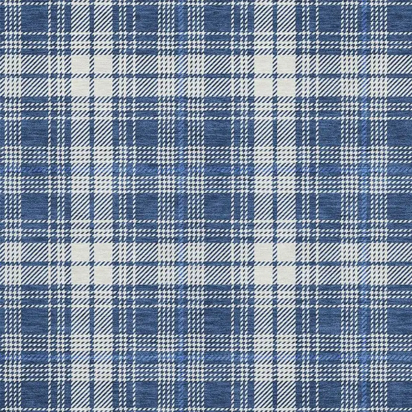 Navy Blue And Ivory Plaid Washable Area Rug With UV Protection Photo 3