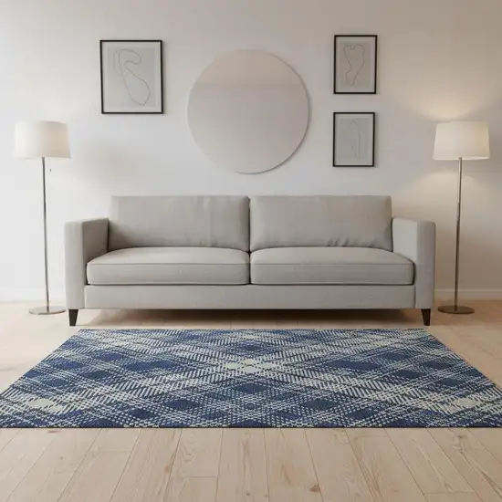 Navy Blue And Ivory Plaid Washable Area Rug With UV Protection Photo 2