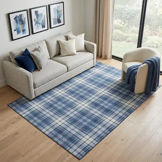 Navy Blue And Ivory Plaid Washable Area Rug With UV Protection Photo 1