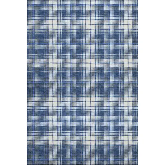 Navy Blue And Ivory Plaid Washable Area Rug With UV Protection Photo 6
