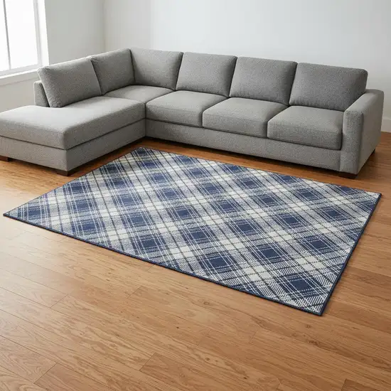Navy Blue And Ivory Plaid Washable Area Rug With UV Protection Photo 2