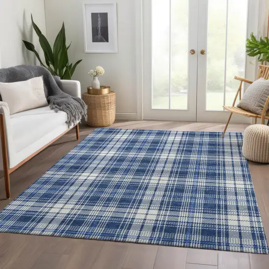 Navy Blue And Ivory Plaid Washable Area Rug With UV Protection Photo 5