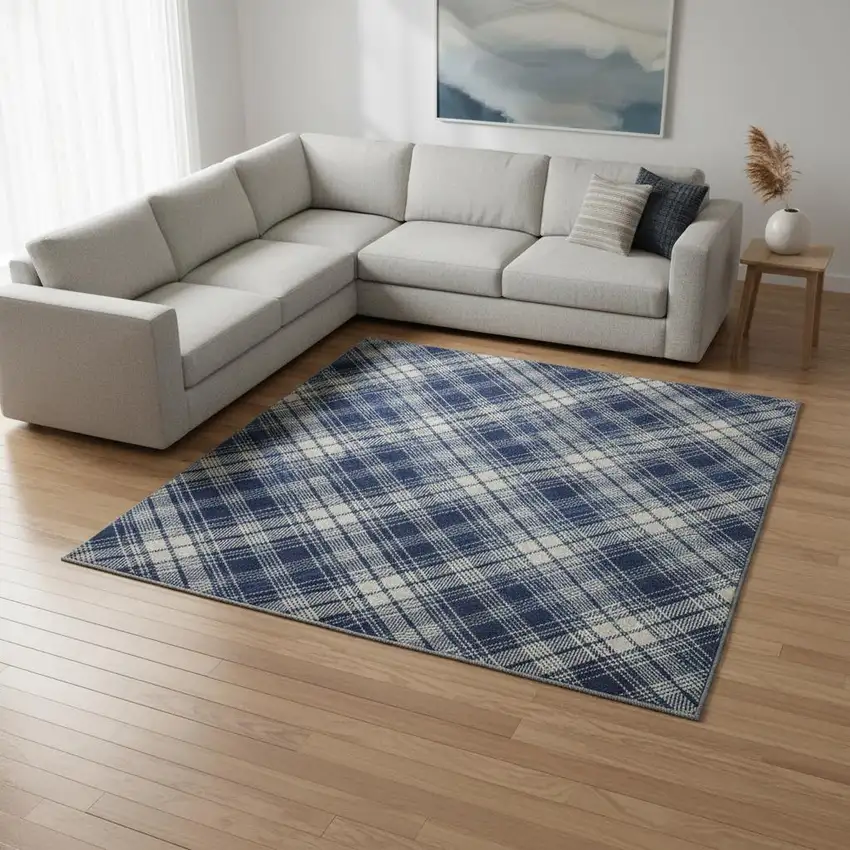 Navy Blue And Ivory Plaid Washable Area Rug With UV Protection Photo 2