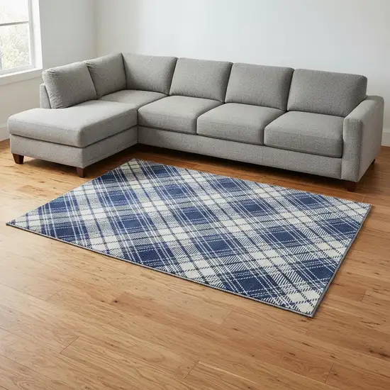 Navy Blue And Ivory Plaid Washable Area Rug With UV Protection Photo 2