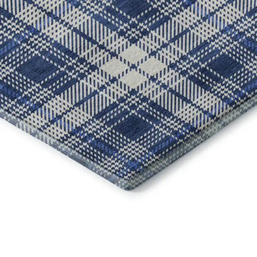 Navy Blue And Ivory Plaid Washable Area Rug With UV Protection Photo 1