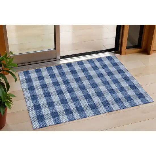 Navy Blue And Ivory Plaid Washable Indoor Outdoor Area Rug Photo 1