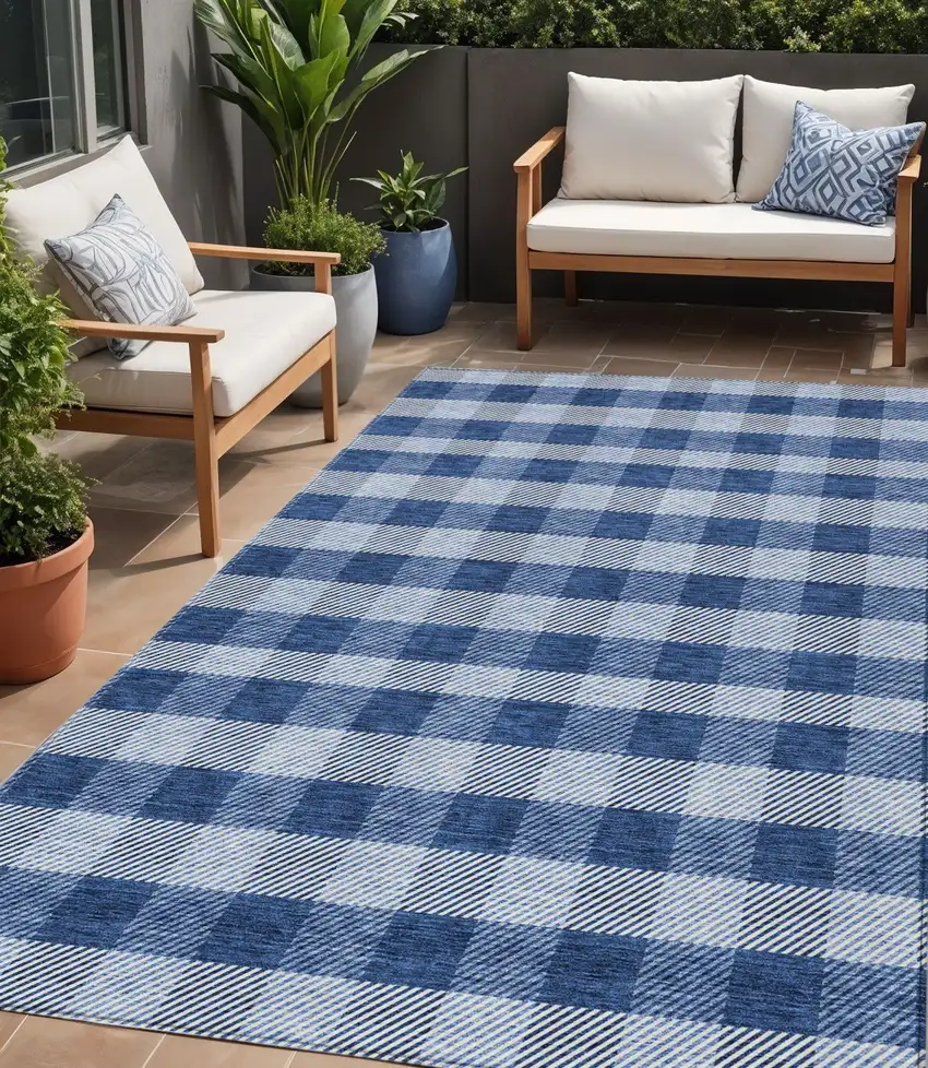 Navy Blue And Ivory Plaid Washable Indoor Outdoor Area Rug Photo 1