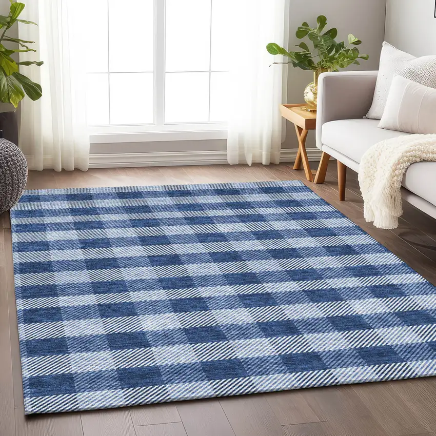 Navy Blue And Ivory Plaid Washable Indoor Outdoor Area Rug Photo 9