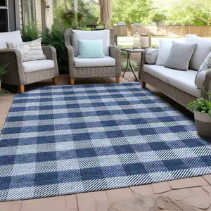 Photo of Navy Blue And Ivory Plaid Washable Indoor Outdoor Area Rug