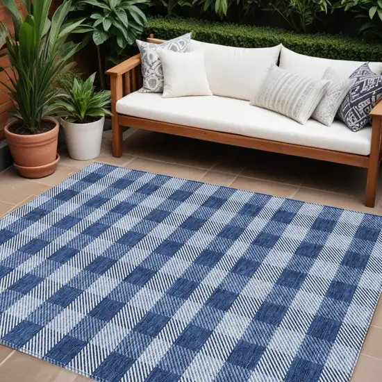 Navy Blue And Ivory Plaid Washable Indoor Outdoor Area Rug Photo 1