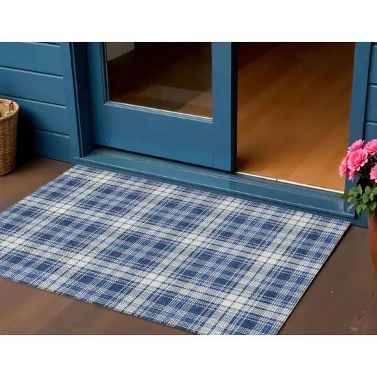 Navy Blue And Ivory Plaid Washable Indoor Outdoor Area Rug Photo 1
