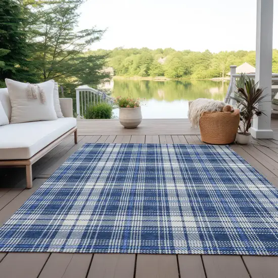 Navy Blue And Ivory Plaid Washable Indoor Outdoor Area Rug Photo 9