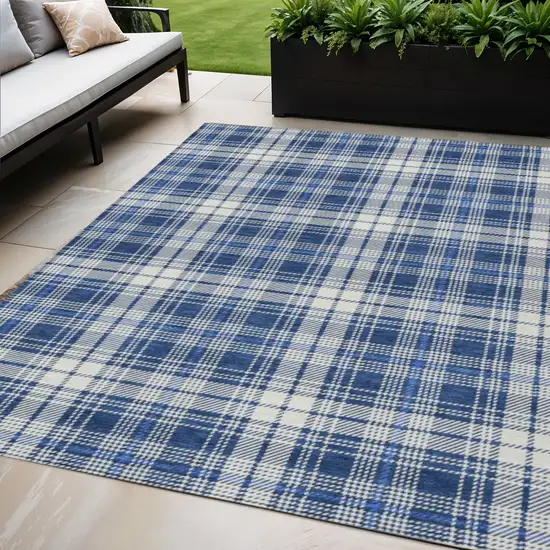 Navy Blue And Ivory Plaid Washable Indoor Outdoor Area Rug Photo 1
