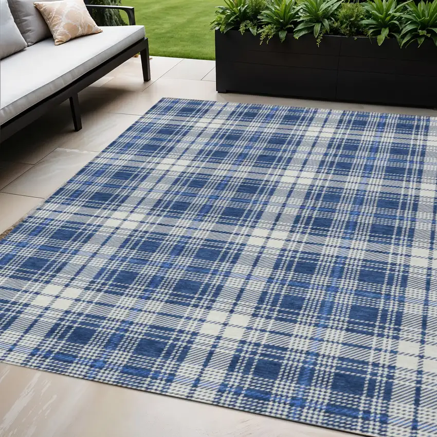 Navy Blue And Ivory Plaid Washable Indoor Outdoor Area Rug Photo 1