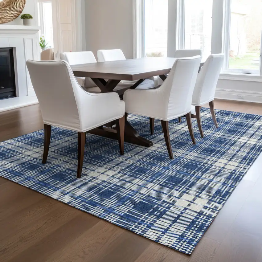 Navy Blue And Ivory Plaid Washable Indoor Outdoor Area Rug Photo 9