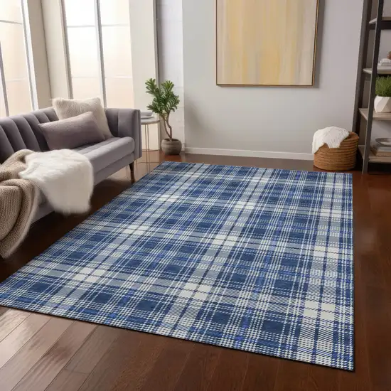 Navy Blue And Ivory Plaid Washable Indoor Outdoor Area Rug Photo 8