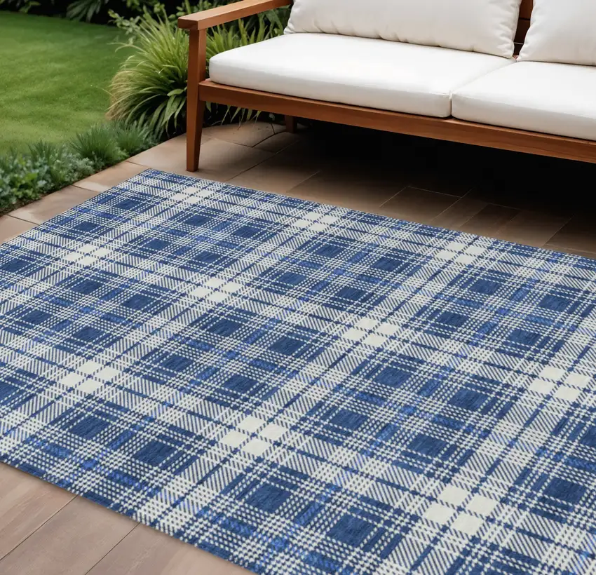 Navy Blue And Ivory Plaid Washable Indoor Outdoor Area Rug Photo 1