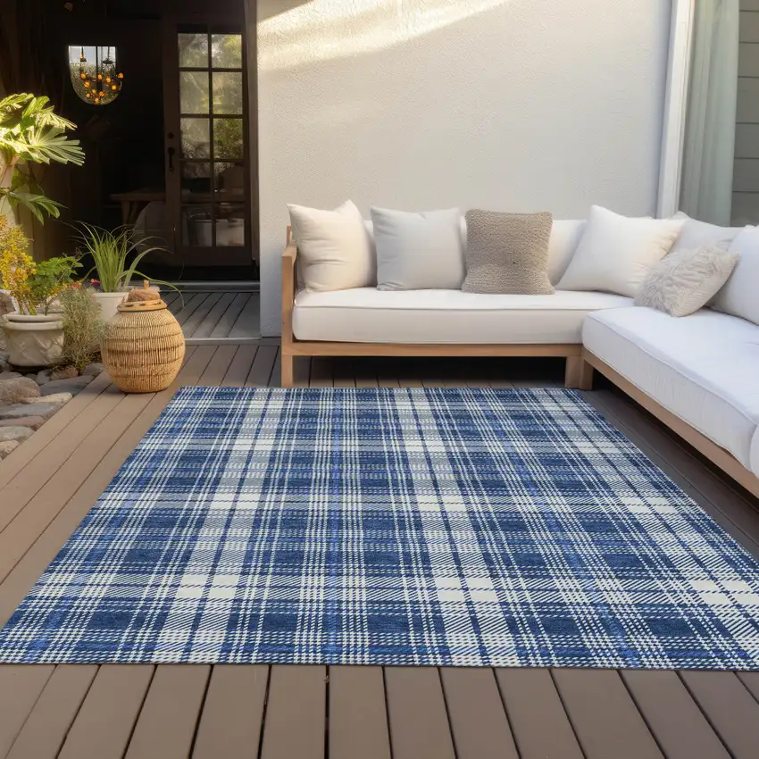 Navy Blue And Ivory Plaid Washable Indoor Outdoor Area Rug Photo 7
