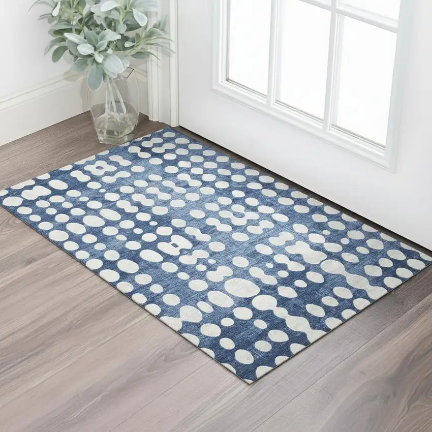 Navy Blue And Ivory Polka Dot Washable Area Rug With UV Protection Photo 1