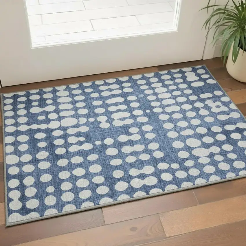Navy Blue And Ivory Polka Dot Washable Area Rug With UV Protection Photo 2