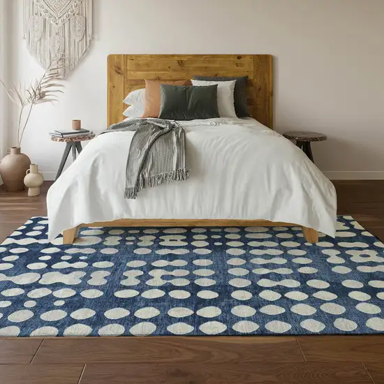 Navy Blue And Ivory Polka Dot Washable Area Rug With UV Protection Photo 5
