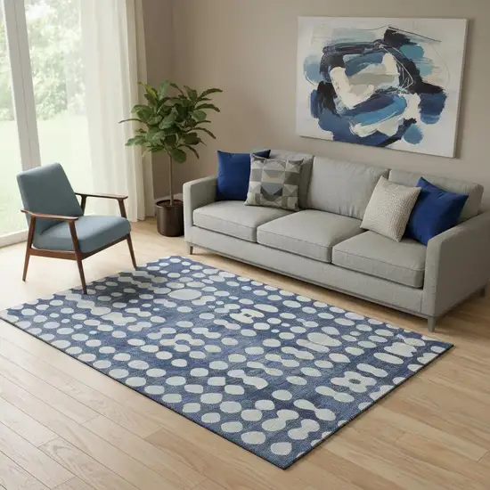 Navy Blue And Ivory Polka Dot Washable Area Rug With UV Protection Photo 1