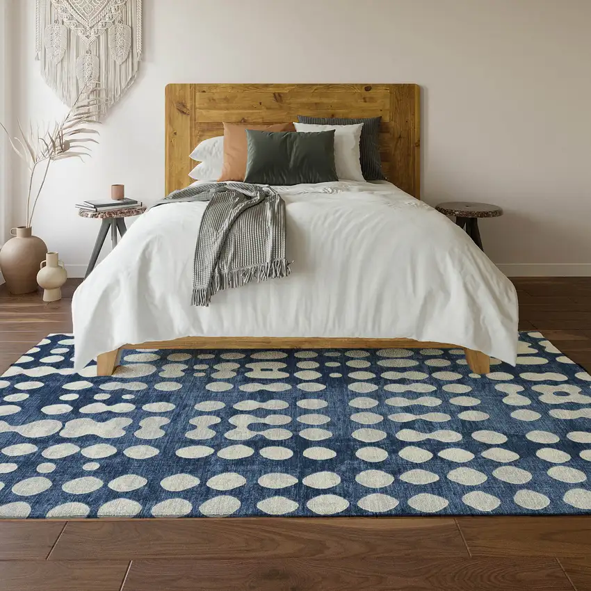 Navy Blue And Ivory Polka Dot Washable Area Rug With UV Protection Photo 6