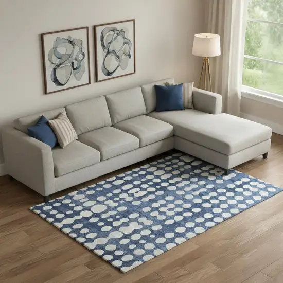 Navy Blue And Ivory Polka Dot Washable Area Rug With UV Protection Photo 1