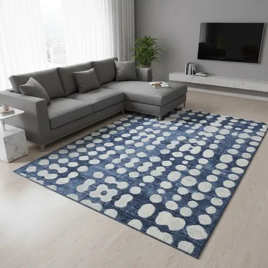 Navy Blue And Ivory Polka Dot Washable Area Rug With UV Protection Photo 2