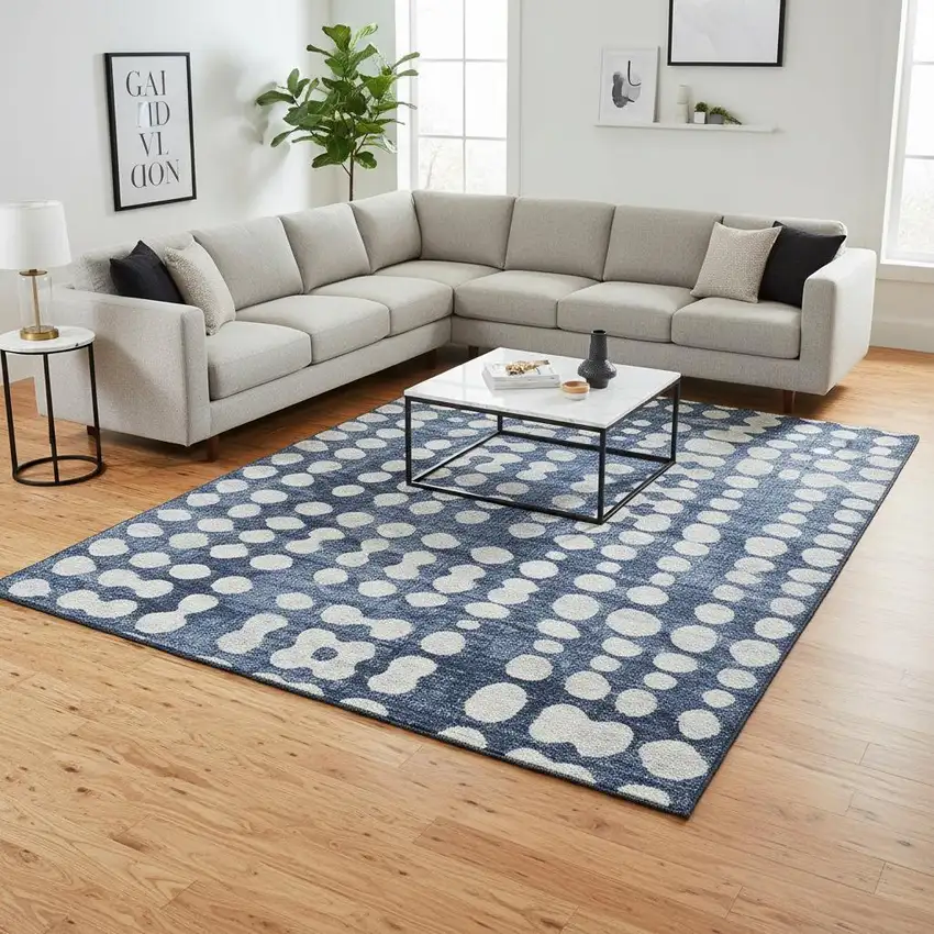 Navy Blue And Ivory Polka Dot Washable Area Rug With UV Protection Photo 2