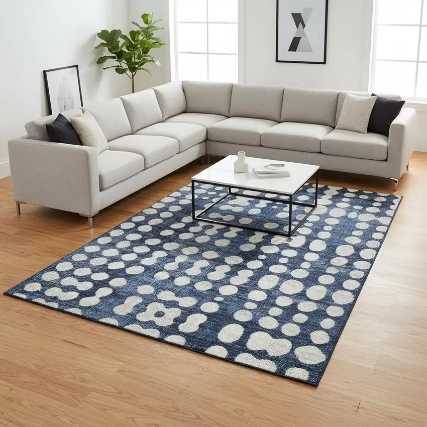 Navy Blue And Ivory Polka Dot Washable Area Rug With UV Protection Photo 2