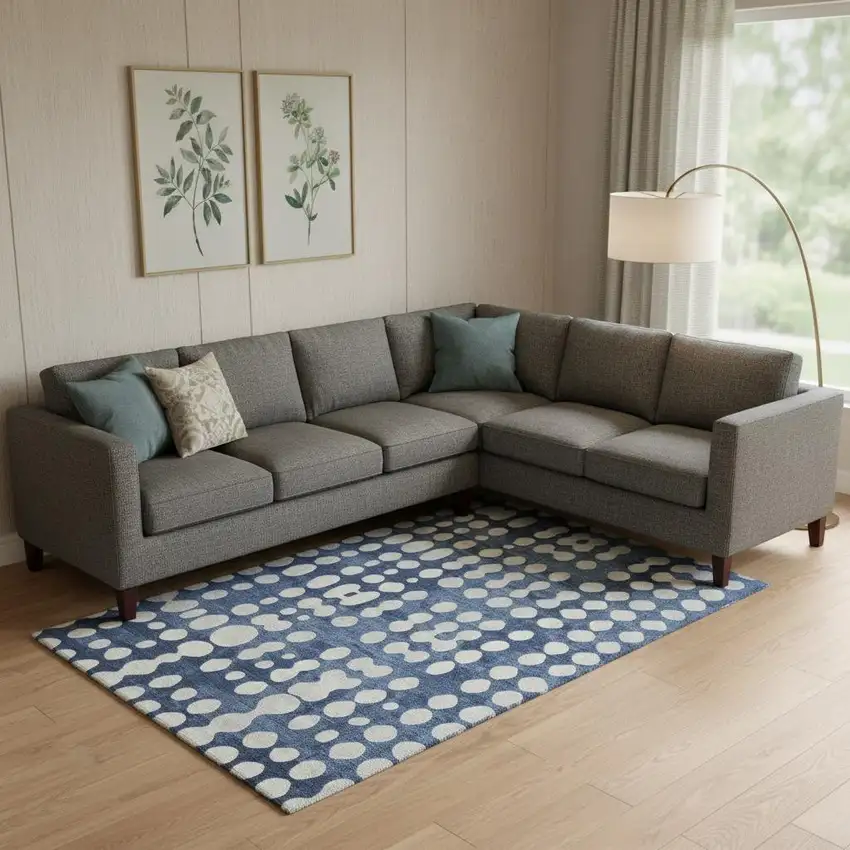 Navy Blue And Ivory Polka Dot Washable Area Rug With UV Protection Photo 1