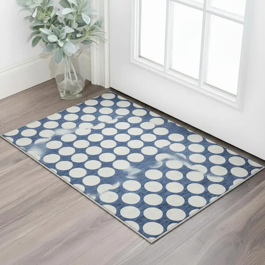 Navy Blue And Ivory Polka Dot Washable Area Rug With UV Protection Photo 2