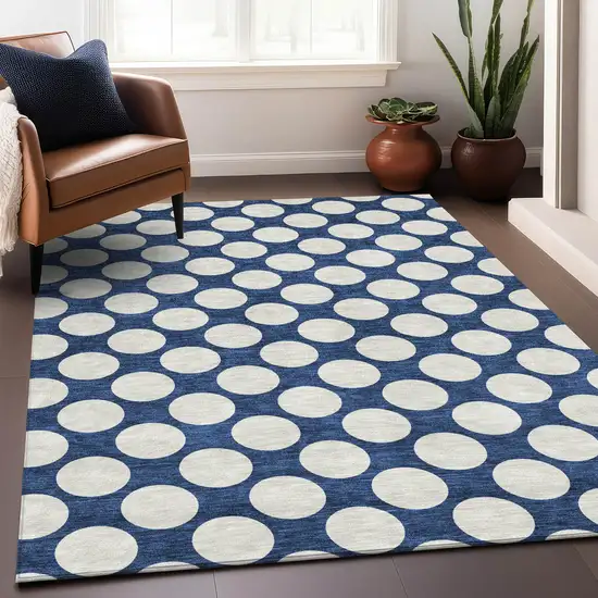 Navy Blue And Ivory Polka Dot Washable Area Rug With UV Protection Photo 5