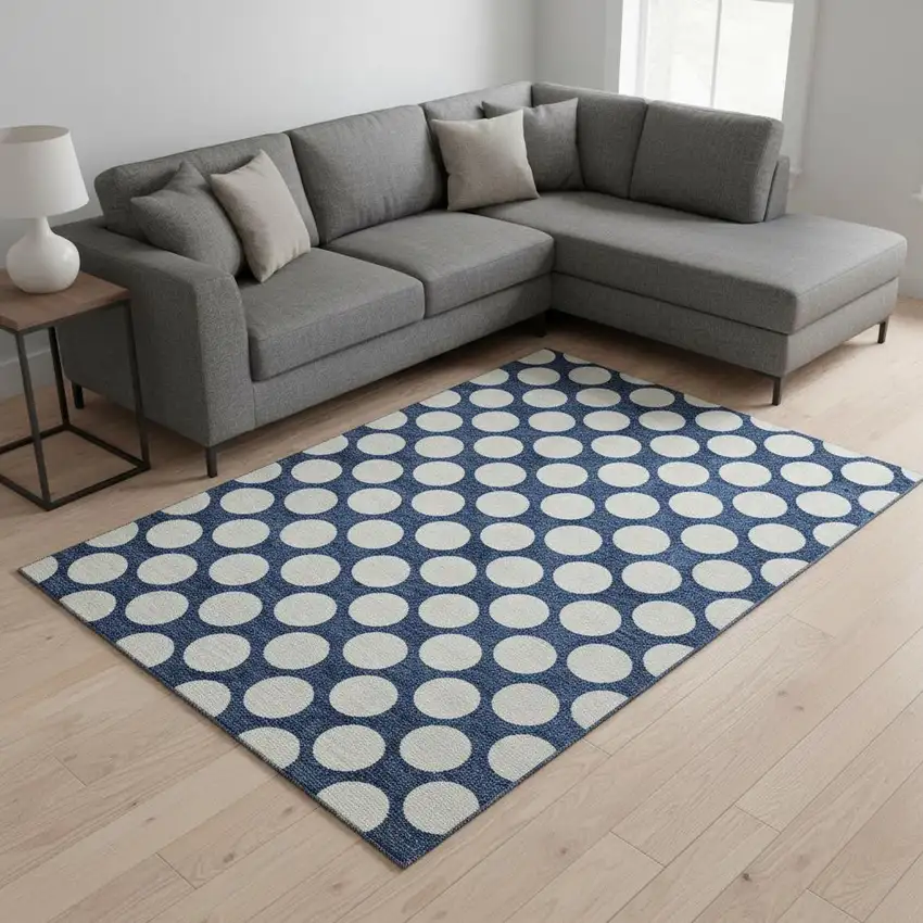 Navy Blue And Ivory Polka Dot Washable Area Rug With UV Protection Photo 2