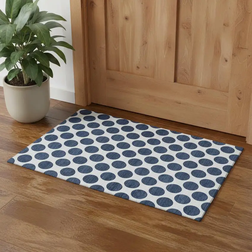 Navy Blue And Ivory Polka Dot Washable Area Rug With UV Protection Photo 1