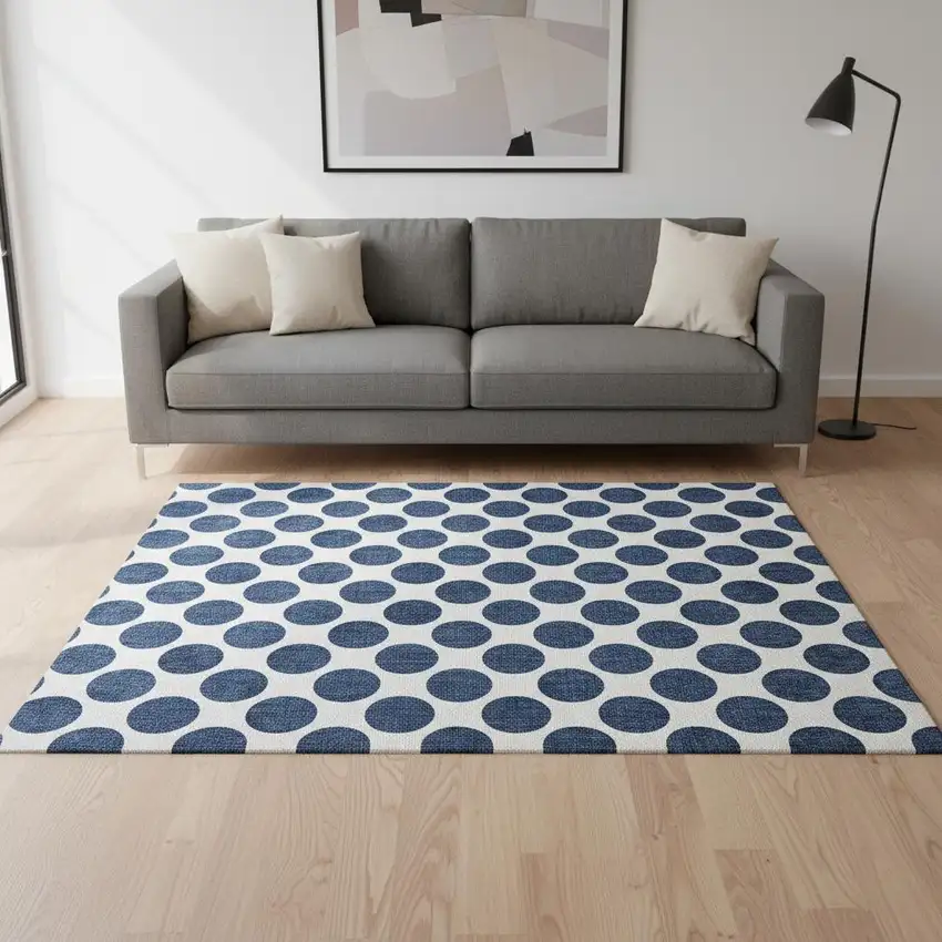Navy Blue And Ivory Polka Dot Washable Area Rug With UV Protection Photo 2